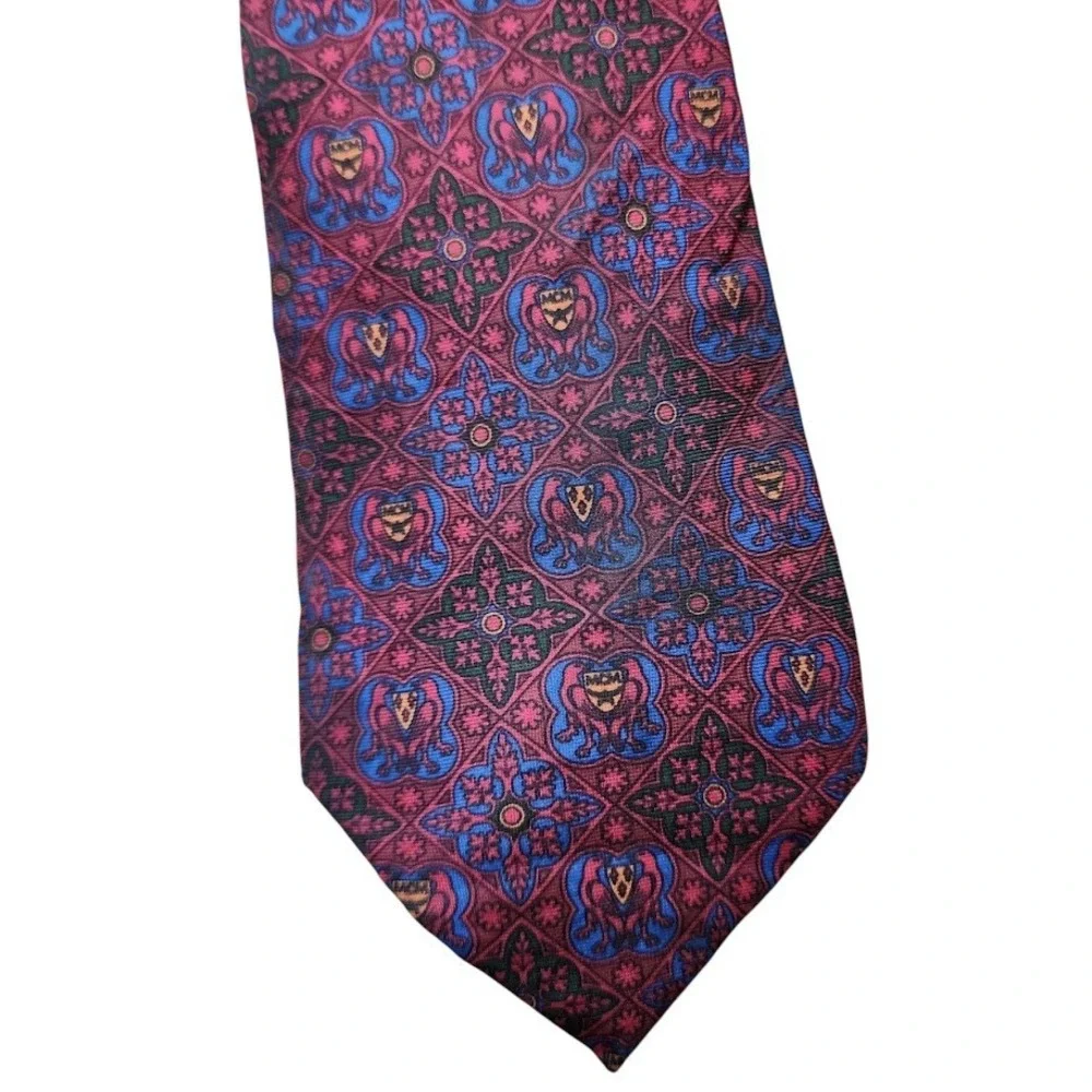 MCM‎ VINTAGE Silk Geometric Baroque floral bird print Tie